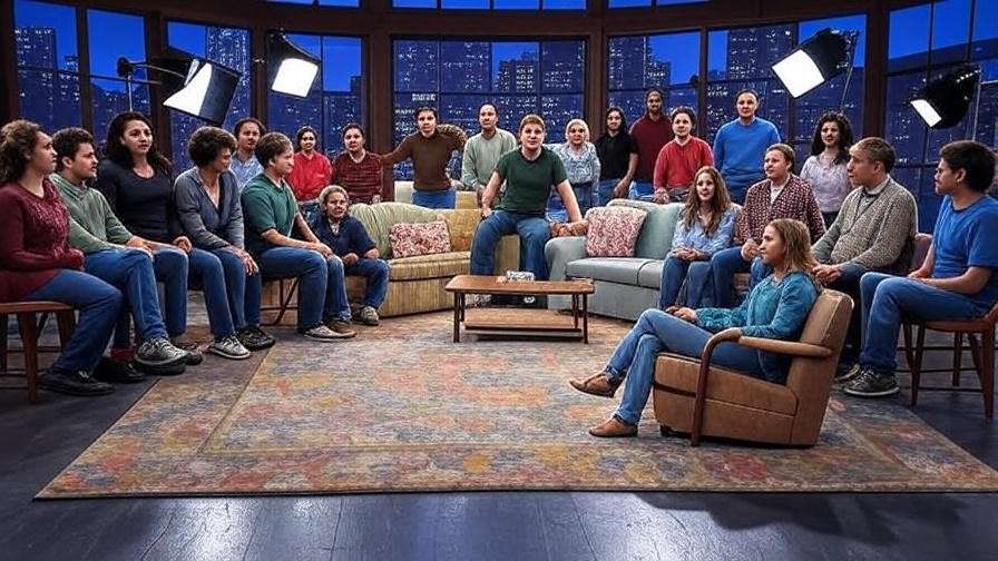 A lively TV studio set with a 1990s sitcom scene and actors rehearsing, reflecting Jami Gertz's successful television career.