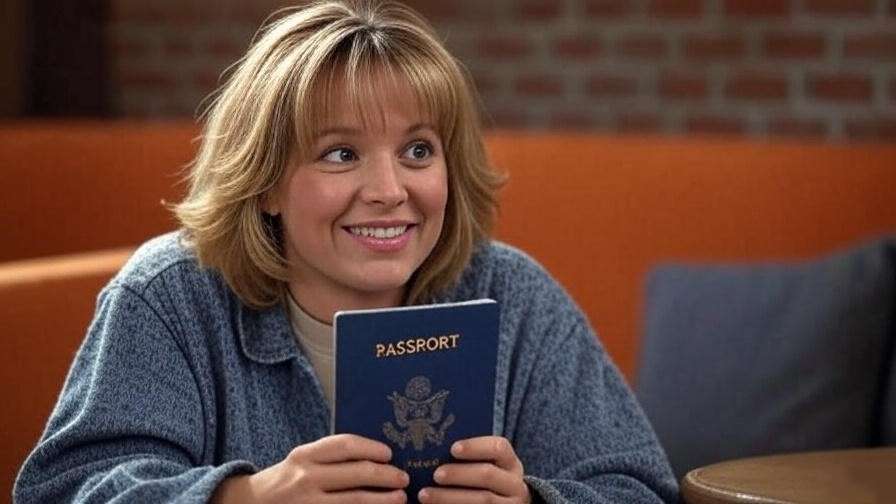 Rachel Green passport reveal scene from Friends episode nostalgic moment.