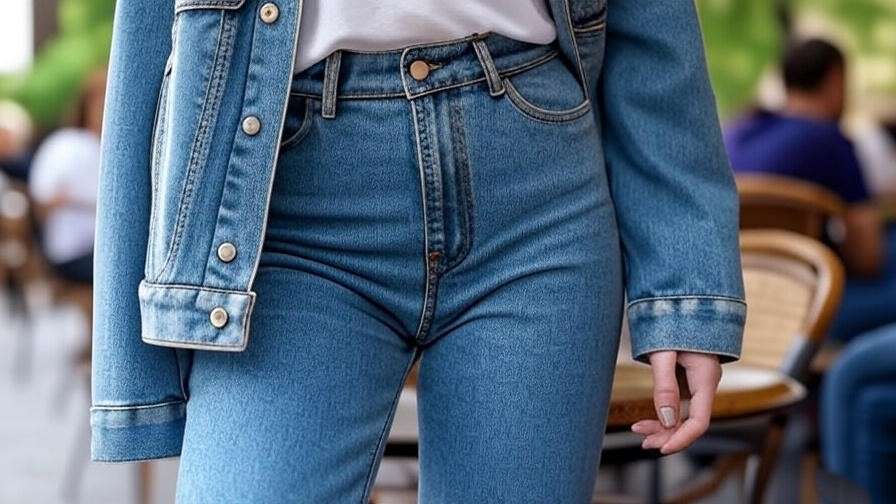 "Person styling high-waisted jeans and denim jacket, inspired by Friends Rachel style".