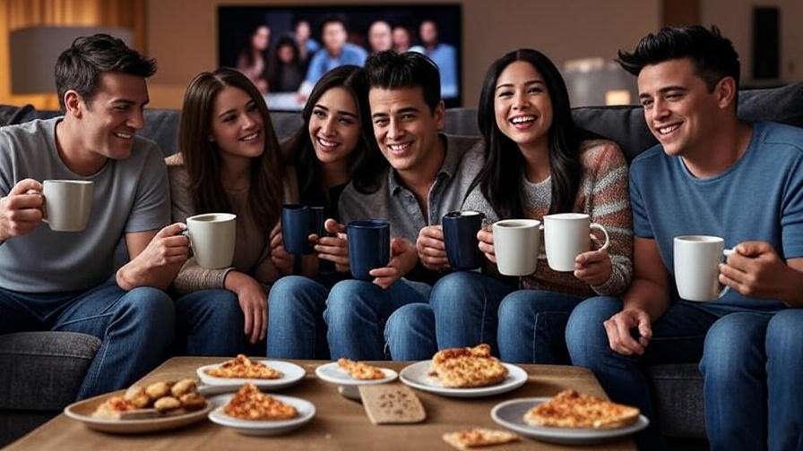 "Friends enjoying a nostalgic watch party with snacks and coffee, inspired by Friends TV series."