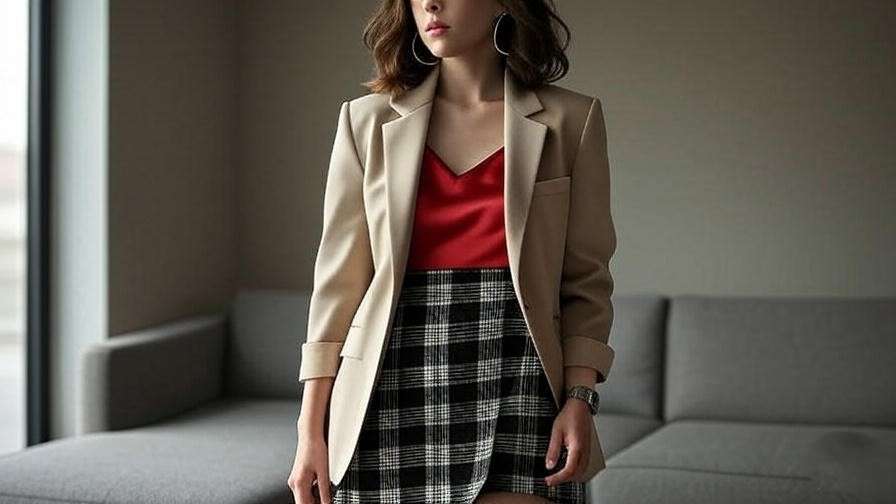 A woman modeling Rachel’s iconic Season 3 outfit with a tailored blazer and slip dress in a 90s fashion setting.