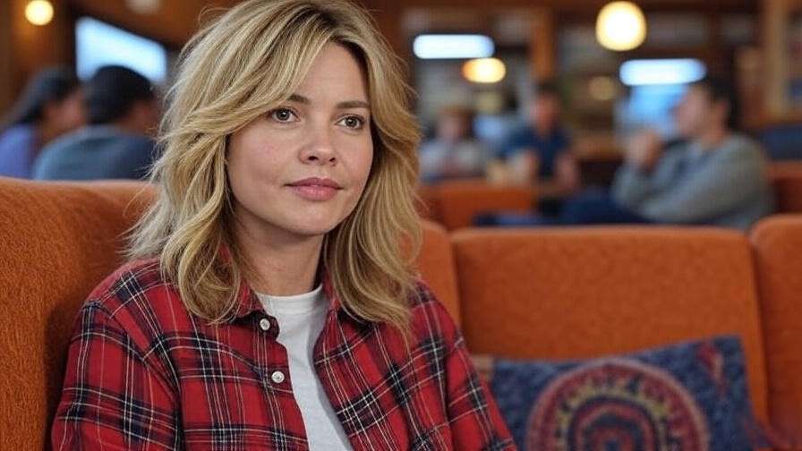 "Rachel Green rocking a plaid shirt over a tee in Central Perk from Friends Season 3."