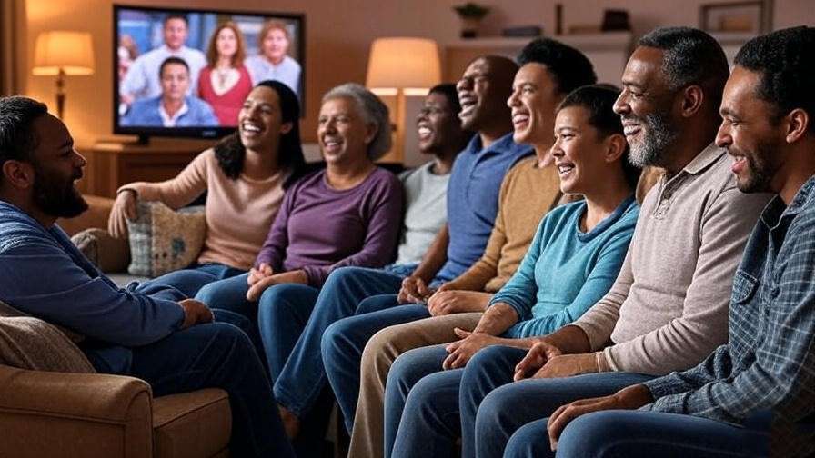 "Diverse group laughing while watching a 2000s sitcom on TV, nostalgic living room setting."