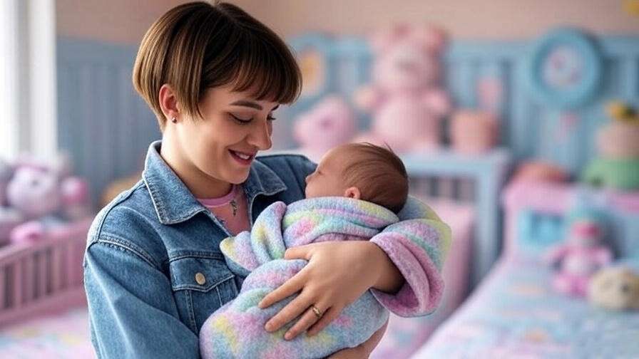 "Rachel Green as a mother with Emma, Friends nursery scene, 90s style."