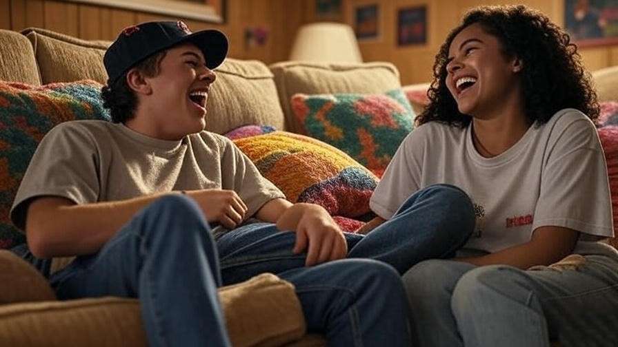 Rachel and Joey laughing on a cozy couch in a 90s apartment, Friends sitcom style.