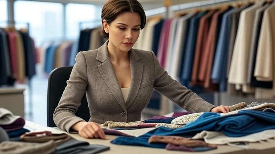 Rachel Green working as a buyer at Bloomingdale’s, reviewing fashion samples in a busy office.