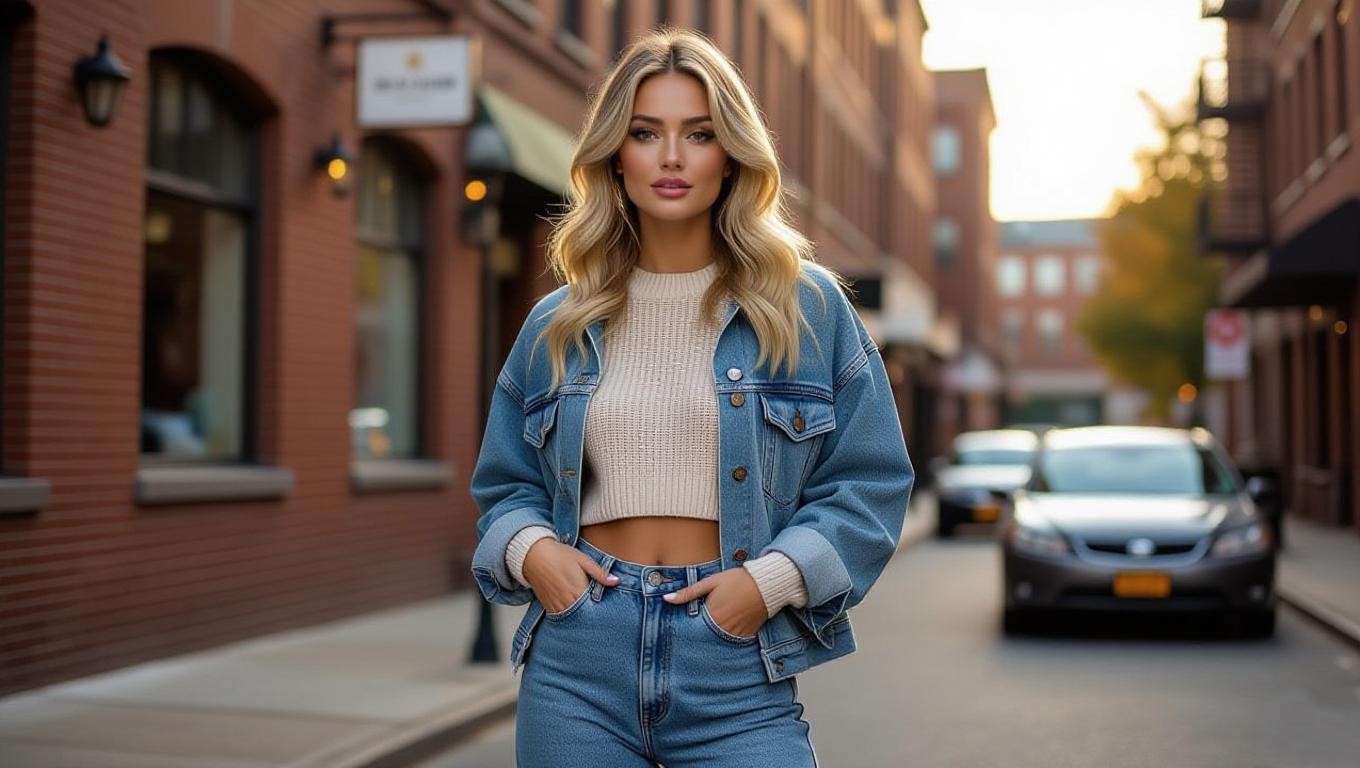 "A woman in high-waisted mom jeans and a cropped sweater, reflecting Rachelle Greene’s iconic Friends denim style, on a 90s street."