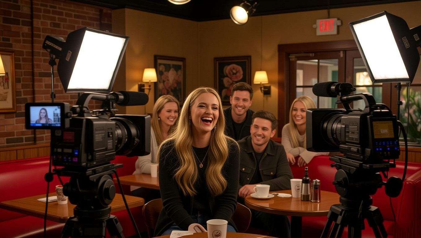 "Behind-the-scenes of Friends with Jennifer Aniston and cast on set at Central Perk."