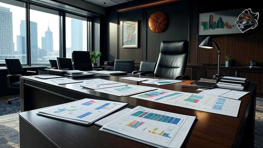 A luxurious office with financial charts and a city skyline, featuring subtle basketball motifs symbolizing Jami Gertz's Atlanta Hawks ownership.