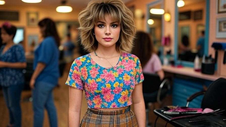 A woman with the iconic Rachel haircut from Friends Season 3 in a 90s salon, showcasing her trendy layered style.