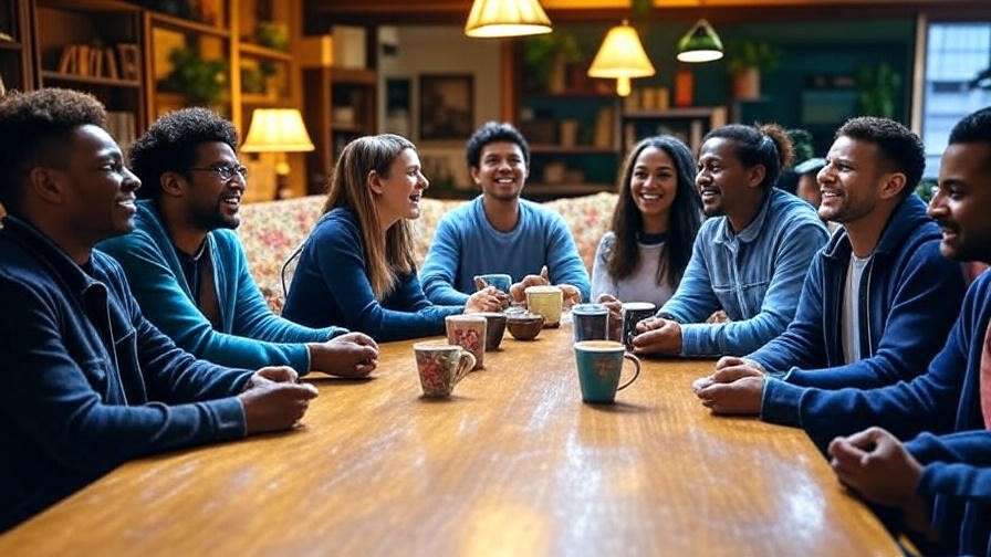 Cozy 1990s coffee shop scene with friends laughing, evoking Friends nostalgia.