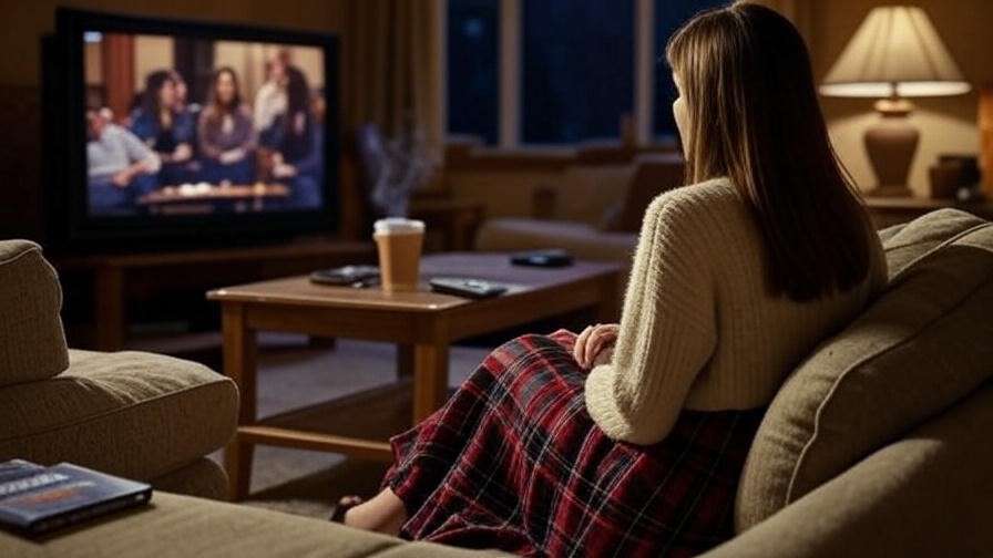 "A woman enjoying a Friends Season 3 rewatch in a cozy 90s living room with popcorn and a DVD."
