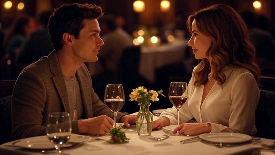 Rachel and Joey sharing a tender glance at a candlelit dinner, Friends romantic scene.