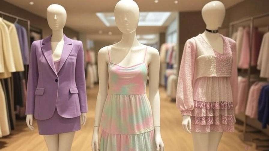 Iconic 90s outfits of Rachel Green from Bloomingdale’s era, displayed on mannequins.