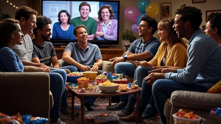 Friends hosting a themed watch party with a TV and colorful snacks, evoking Friends nostalgia.