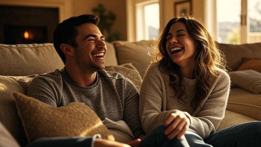 "Two friends laughing on a couch in a sunny living room, evoking nostalgia and friendship."