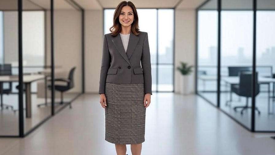 "Woman in tailored blazer and plaid skirt, styling Friends Rachel style for work".