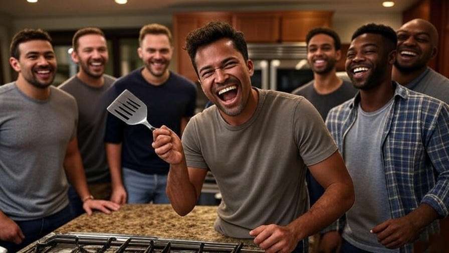 "Friends laughing in a kitchen with a spatula, capturing the humor of Friends TV series."