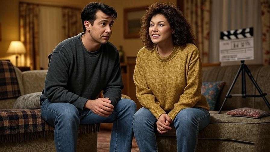 Actors resembling Jennifer Aniston and Matt LeBlanc rehearsing, Friends behind-the-scenes.