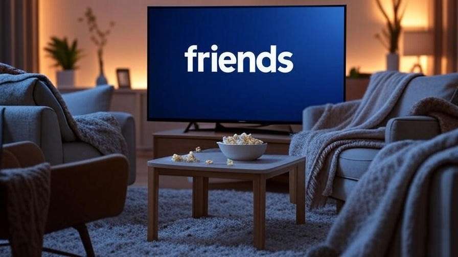 "Modern living room with TV showing Friends for Ralph Lauren condom scene rewatches."