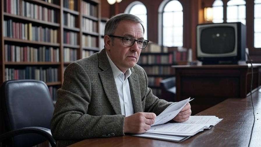 "TV historian analyzing a script in a library with books and vintage TV."