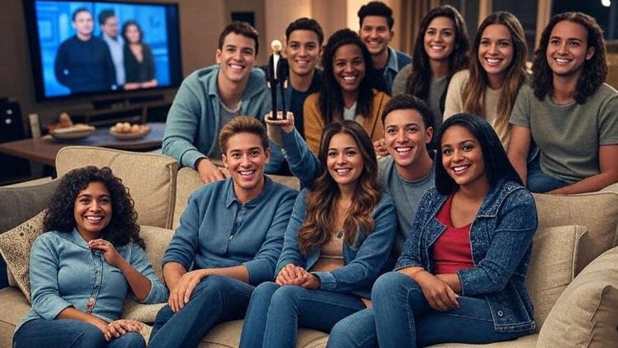 Young fans watching Friends with Joey Tribbiani memorabilia, modern tribute scene.