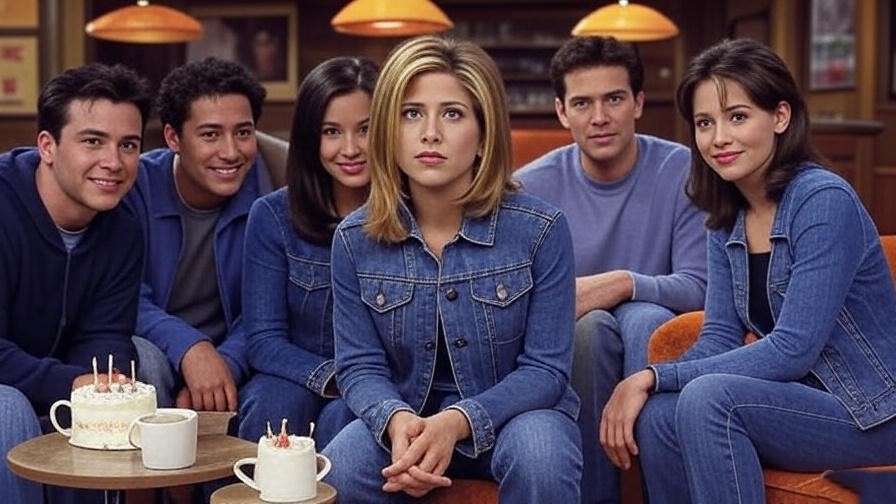 Friends Rachel 30th birthday episode recap scene in Central Perk with cake and friends. Image 2