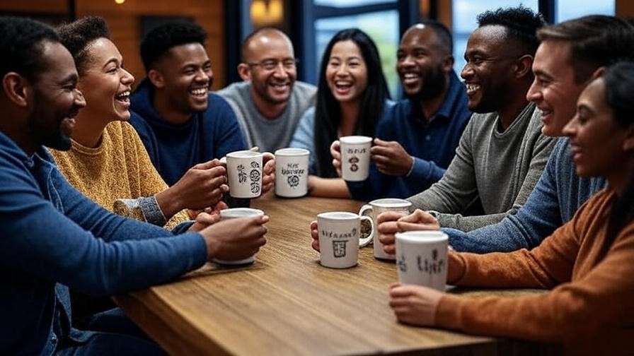 "Community gathering with Friends mugs for Ralph Lauren condom scene fans."