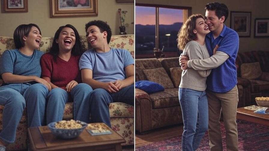 Side-by-side comparison of Rachel and Joey laughing vs. Ross and Rachel embracing, Friends scenes.
