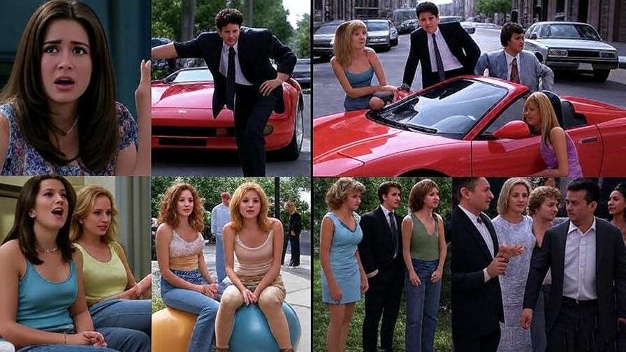 Friends ensemble cast 30th birthday flashbacks including Ross sports car and Phoebe hopping ball.