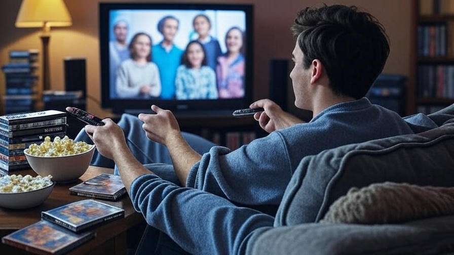 Person watching Rachel and Joey on TV with Friends DVDs and popcorn, rewatch scene.