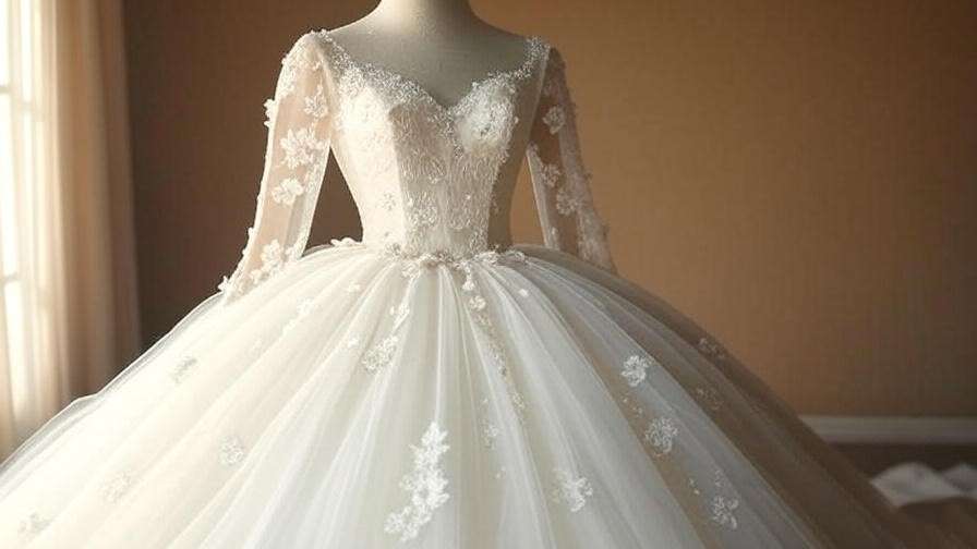 "Close-up of a 90s wedding dress with lace sleeves and floral appliqués, inspired by Rachel Green's iconic Friends look."