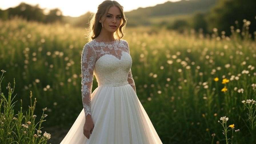 "Modern bride in a lace-sleeved wedding gown in a rustic setting, inspired by Rachel Green's 90s Friends wedding dress."