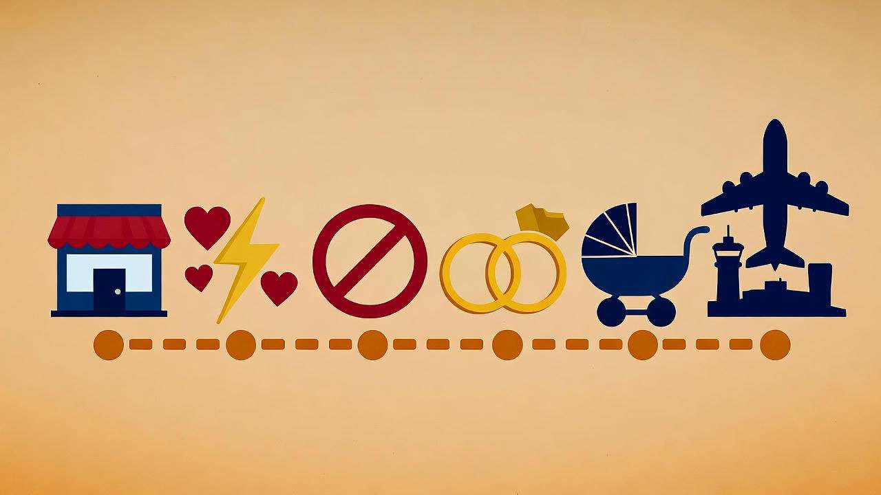  Ross and Rachel relationship timeline icons from Friends TV series buildup. 
