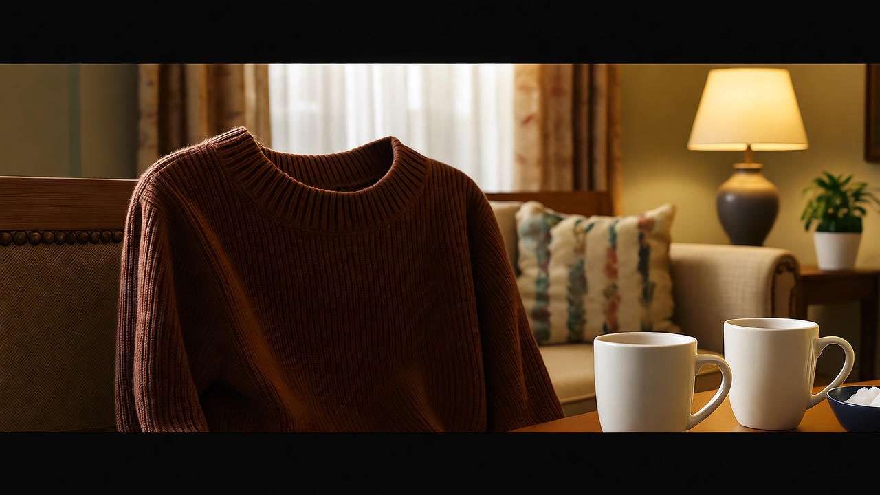 Ross’s brown sweater from Friends placed in a cozy 90s-style apartment living room symbolizing emotional nostalgia.