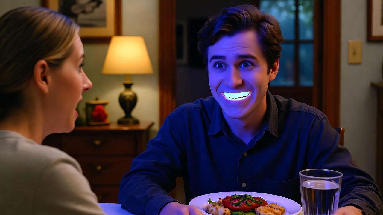 Ross Geller with glowing teeth under a blacklight during his date in Friends Season 6.
