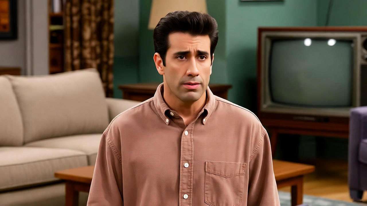 Ross Geller in his iconic olive green button-down shirt in a 1990s apartment setting from Friends Season 5.