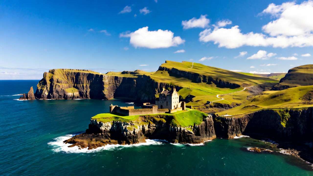 Scenic Scottish promontory with historic castle and lush green hills by the sea, representing the origins of the Ross surname.