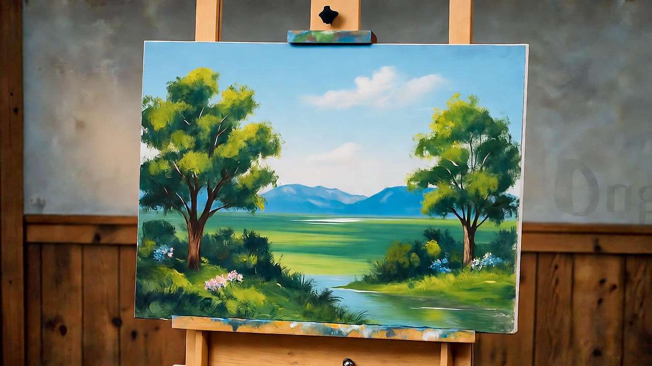 Vintage 90s TV studio with Bob Ross-style landscape painting on easel, PBS aesthetic.