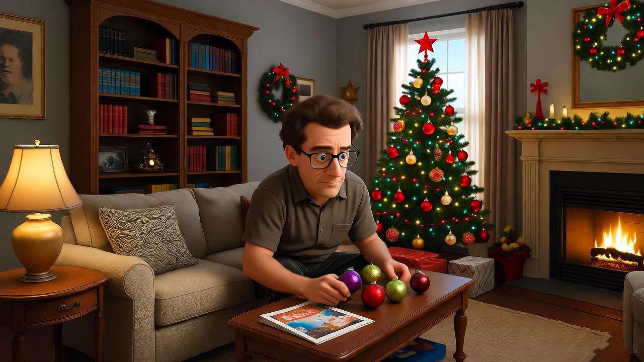 Ross Geller nervously preparing Christmas decorations in a festive living room.