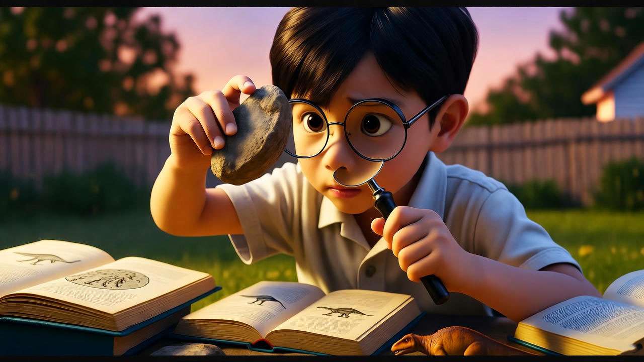  Young Ross Geller examining a fossil with a magnifying glass in a 1990s suburban backyard, surrounded by science books and a dinosaur model. 