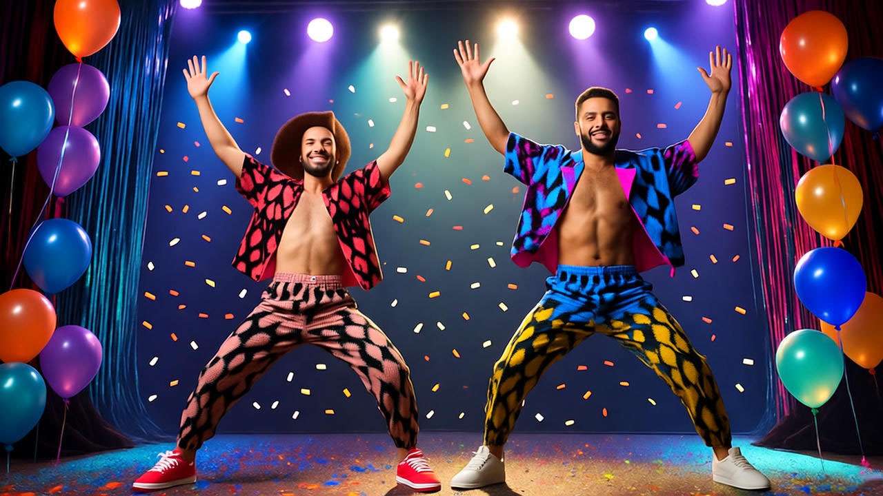 Monica and Ross performing their iconic synchronized dance routine on a festive New Year’s stage in Friends.