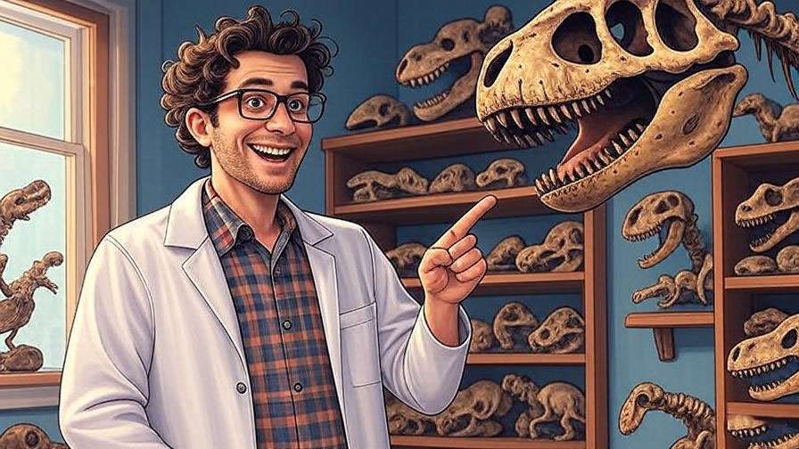 Ross Geller as a lovable paleontologist surrounded by dinosaur fossils in a Friends-style apartment scene. 
