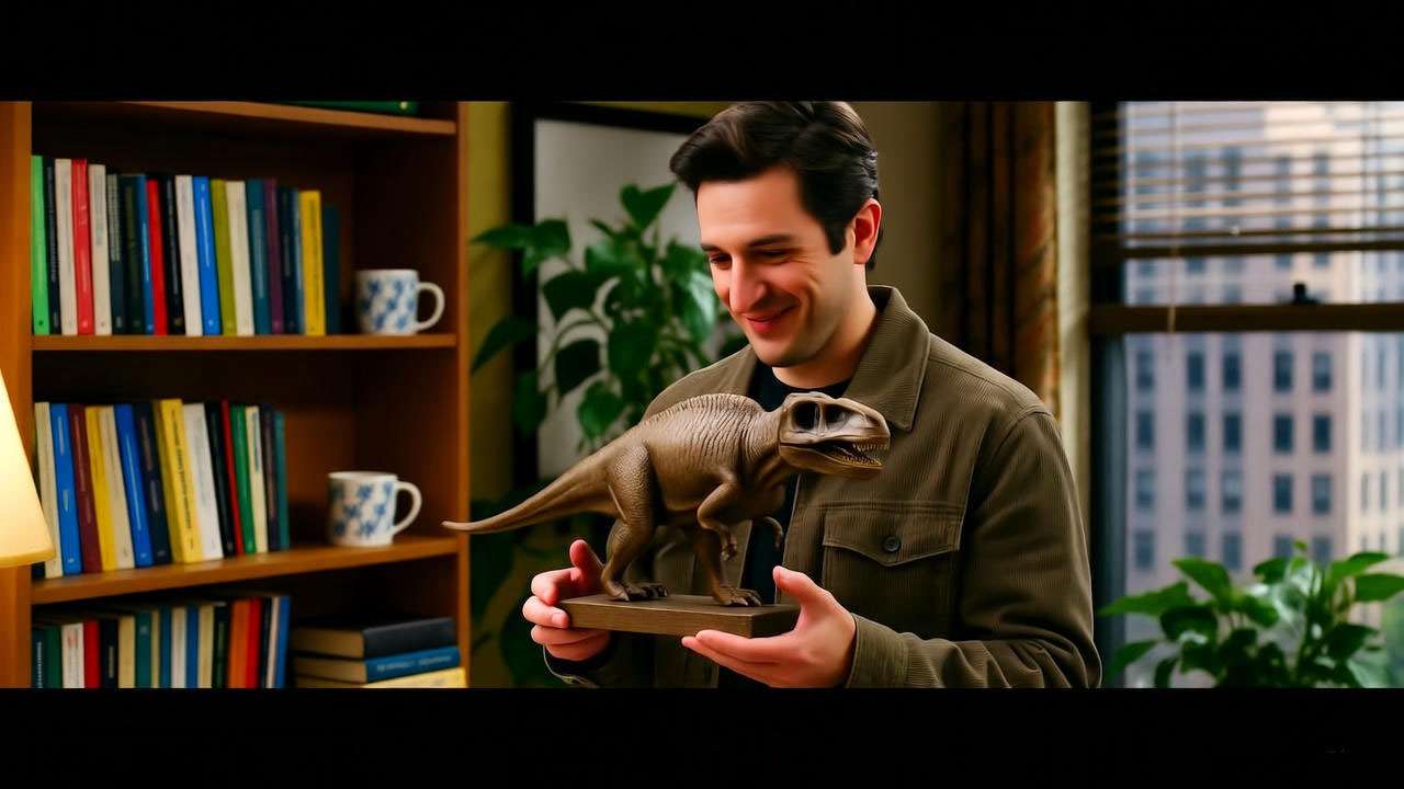 Ross Geller-inspired character studying fossils in a cozy 1990s apartment scene from Friends.