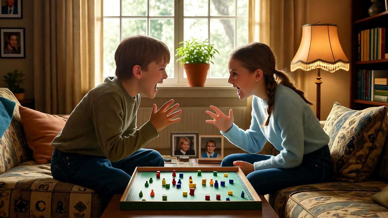 Young Monica and Ross Geller playfully competing in a 1980s family home.