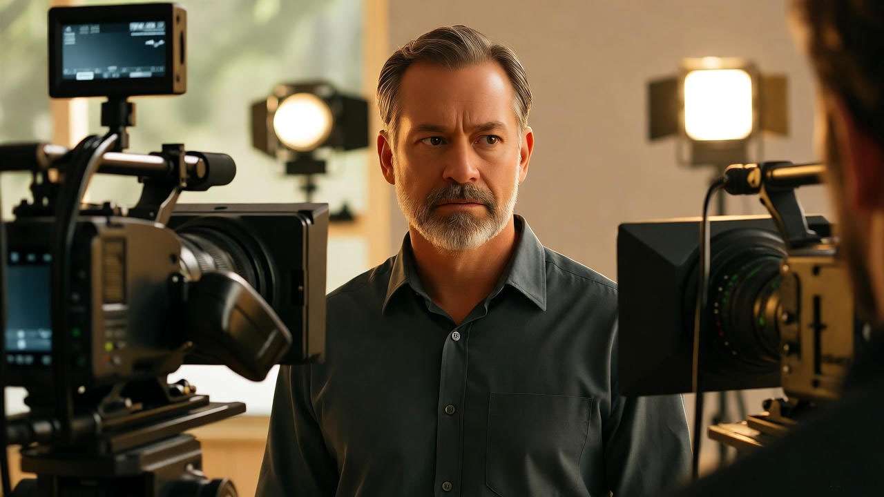 Ross Klavan portrait on a television set, professional actor in studio environment.