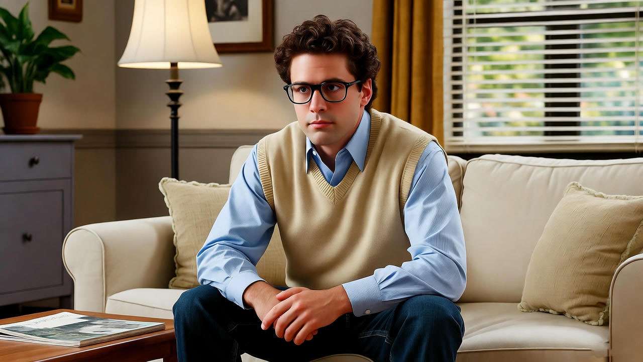 Young Ross Geller in a 1990s apartment looking thoughtful, introducing his character in Friends.