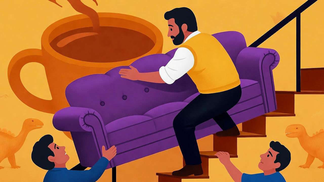 Ross Geller moving a couch with 'Pivot!' chaos in Friends, 90s nostalgia scene.