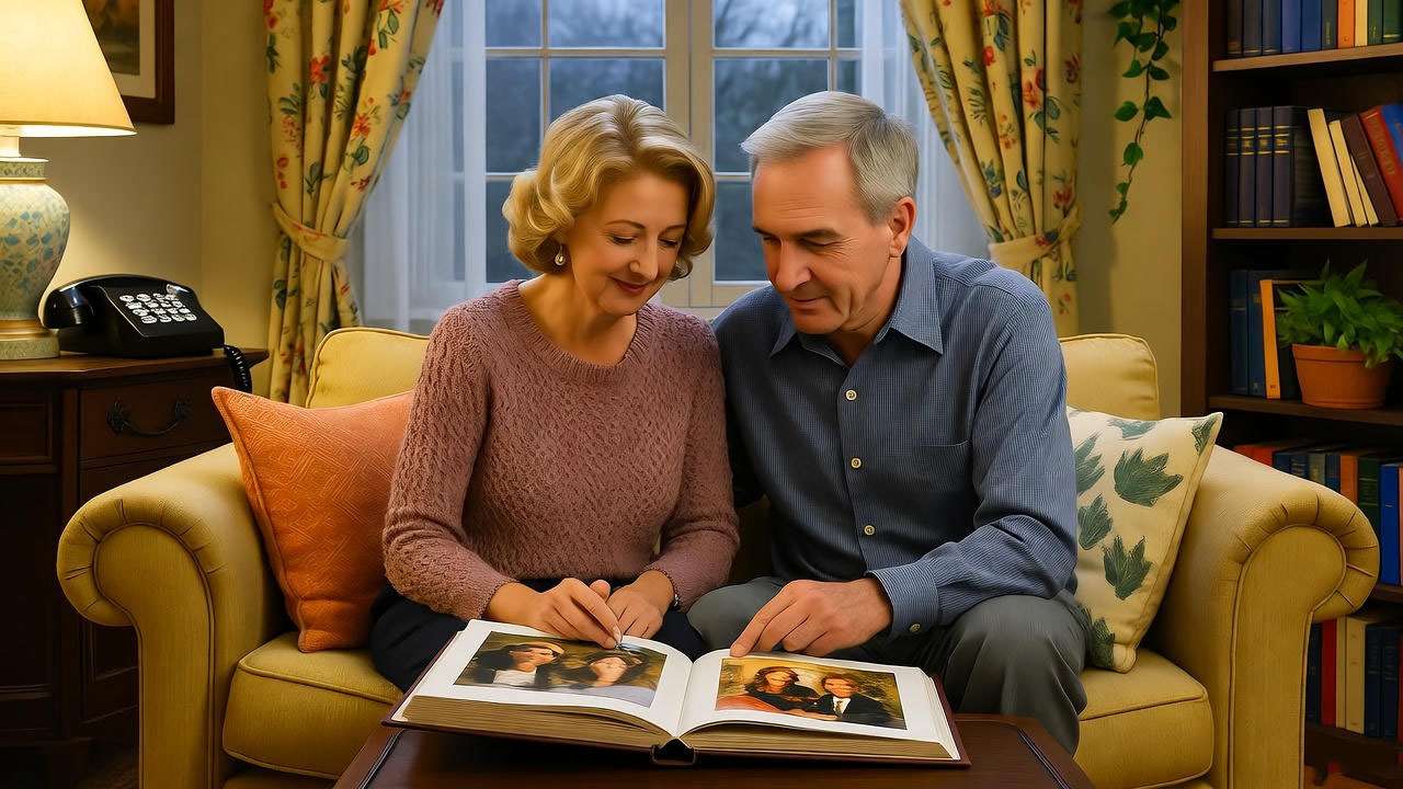 Warm living room scene with a middle-aged couple looking at a family photo album, symbolizing forgiveness from Friends parents.
