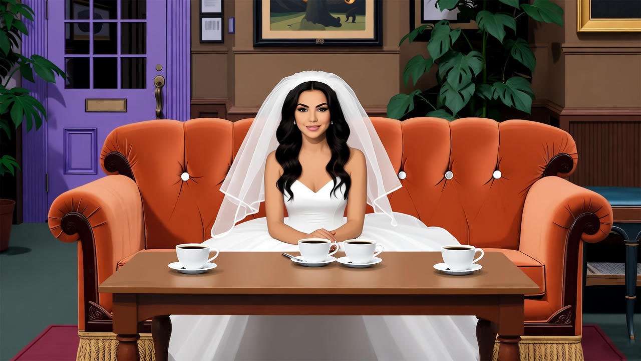 Rachel Green in wedding dress at Central Perk, iconic Friends pilot scene.
